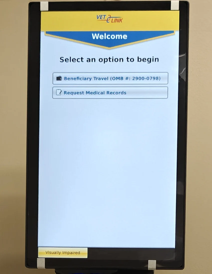VetLink kiosk screen with a visually impaired mode control.