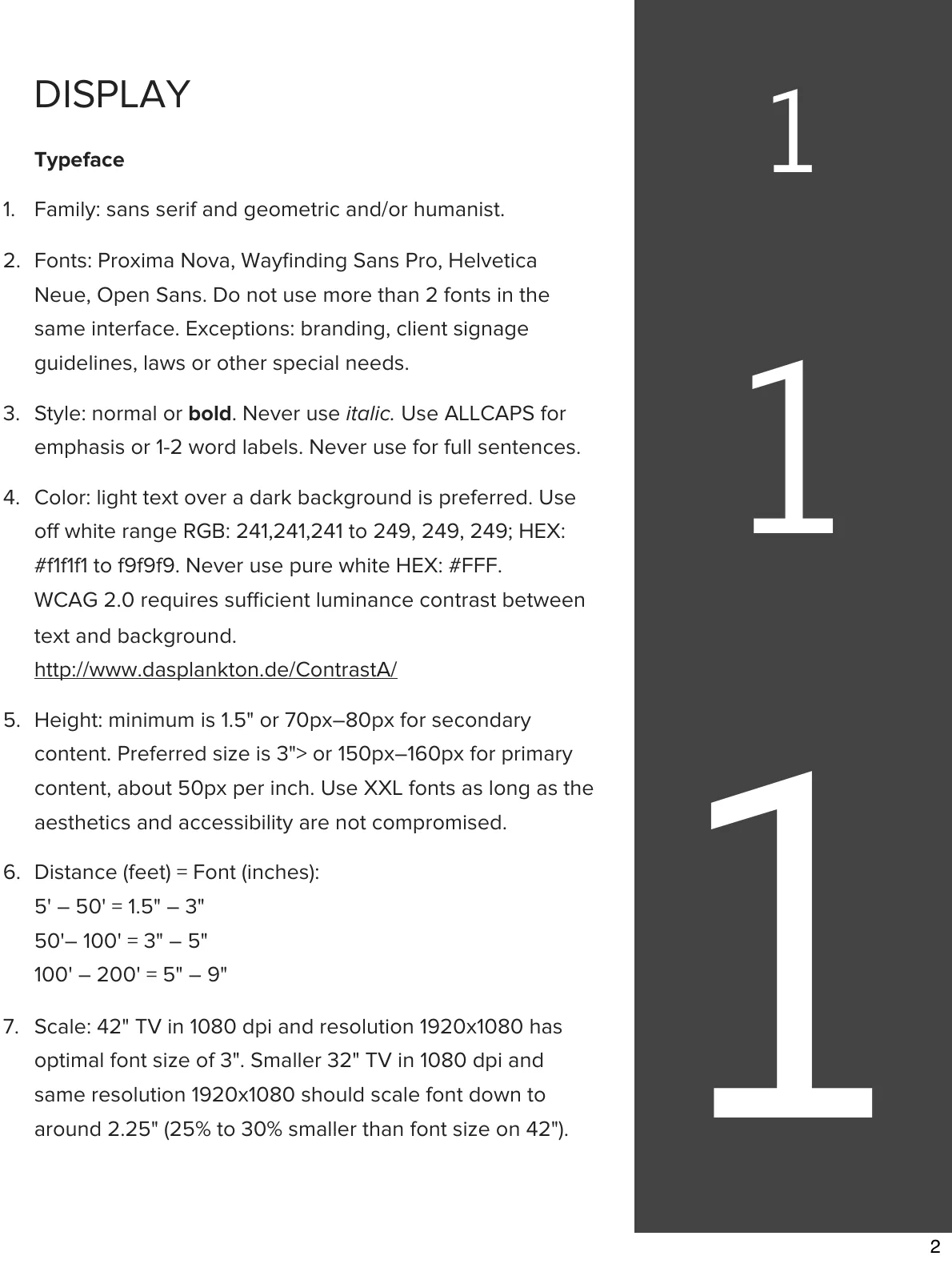 Humanist Design Studios digital-display standards covering typography, color, legibility, viewing distance, and resolution.