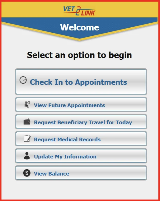 Legacy VetLink home screen with multiple service options.