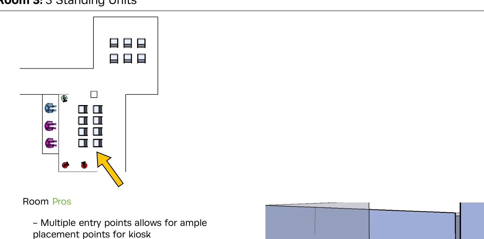 Hospital room study mapping kiosk placement, entry points, seating, and sight lines.