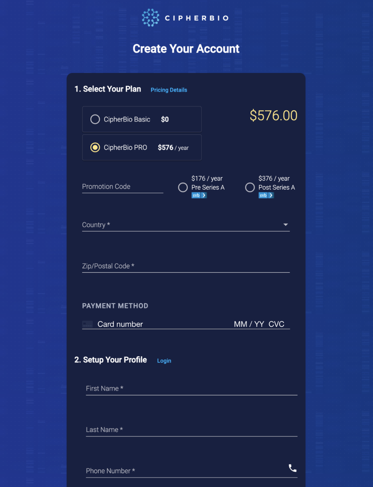 CipherBio account registration with plan selection, payment, and profile setup