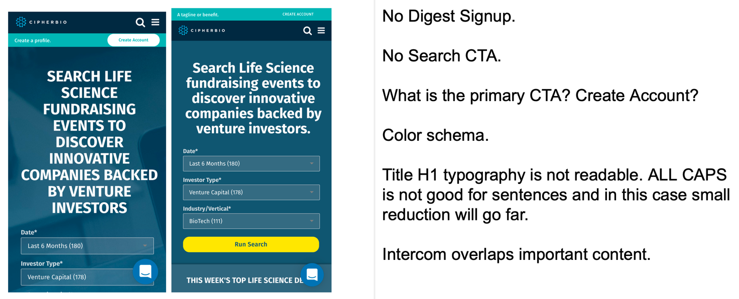 Early mobile screens and audit notes identifying signup, hierarchy, navigation, and readability problems
