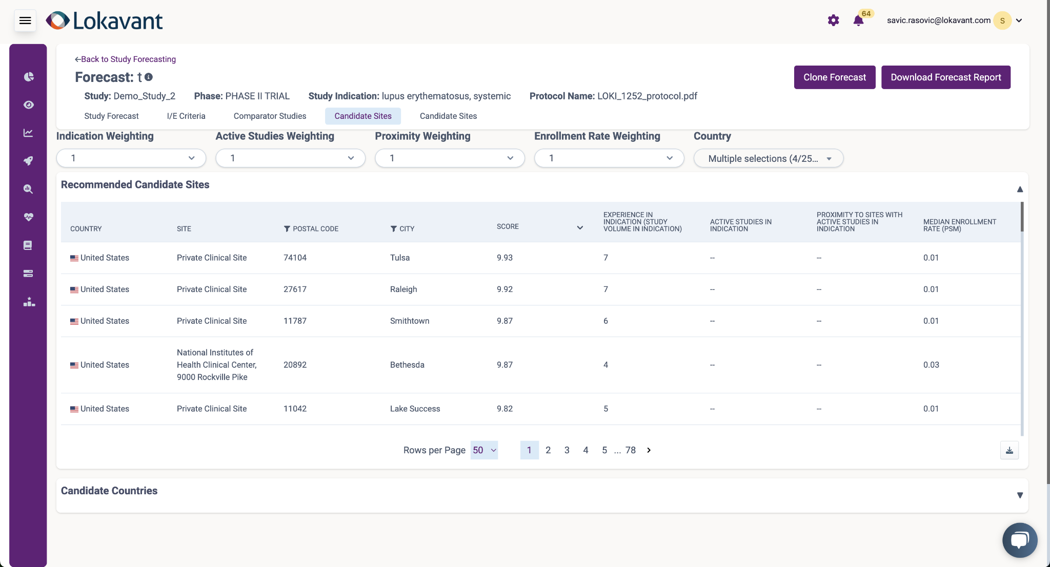 Lokavant candidate-site recommendations with configurable weighting, scores, study experience, proximity, and enrollment rates