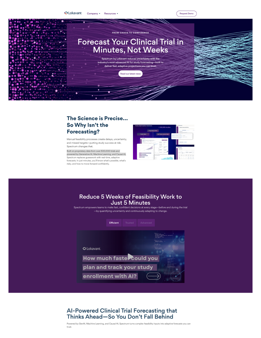 Lokavant Spectrum website presenting the promise of forecasting a clinical trial in minutes rather than weeks, with product visuals and video
