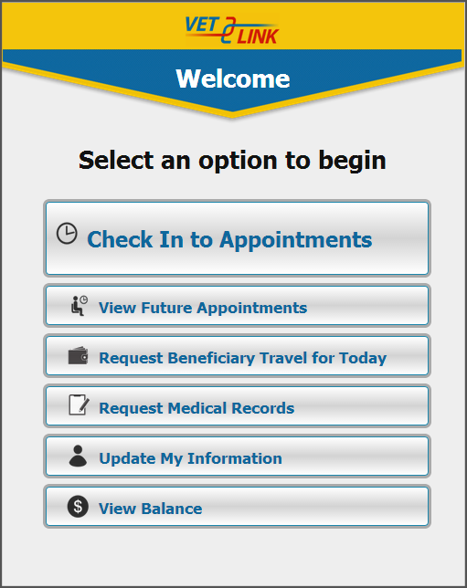 VetLink home screen with large options for appointments, travel, medical records, information, and balance