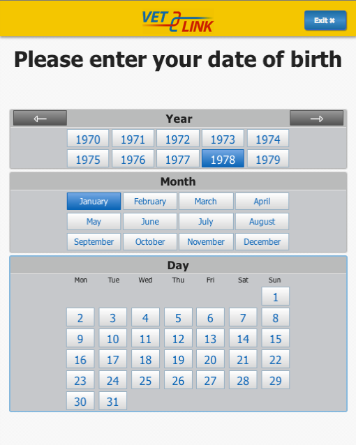 Redesigned date-of-birth interface presenting year, month, and day as large choices