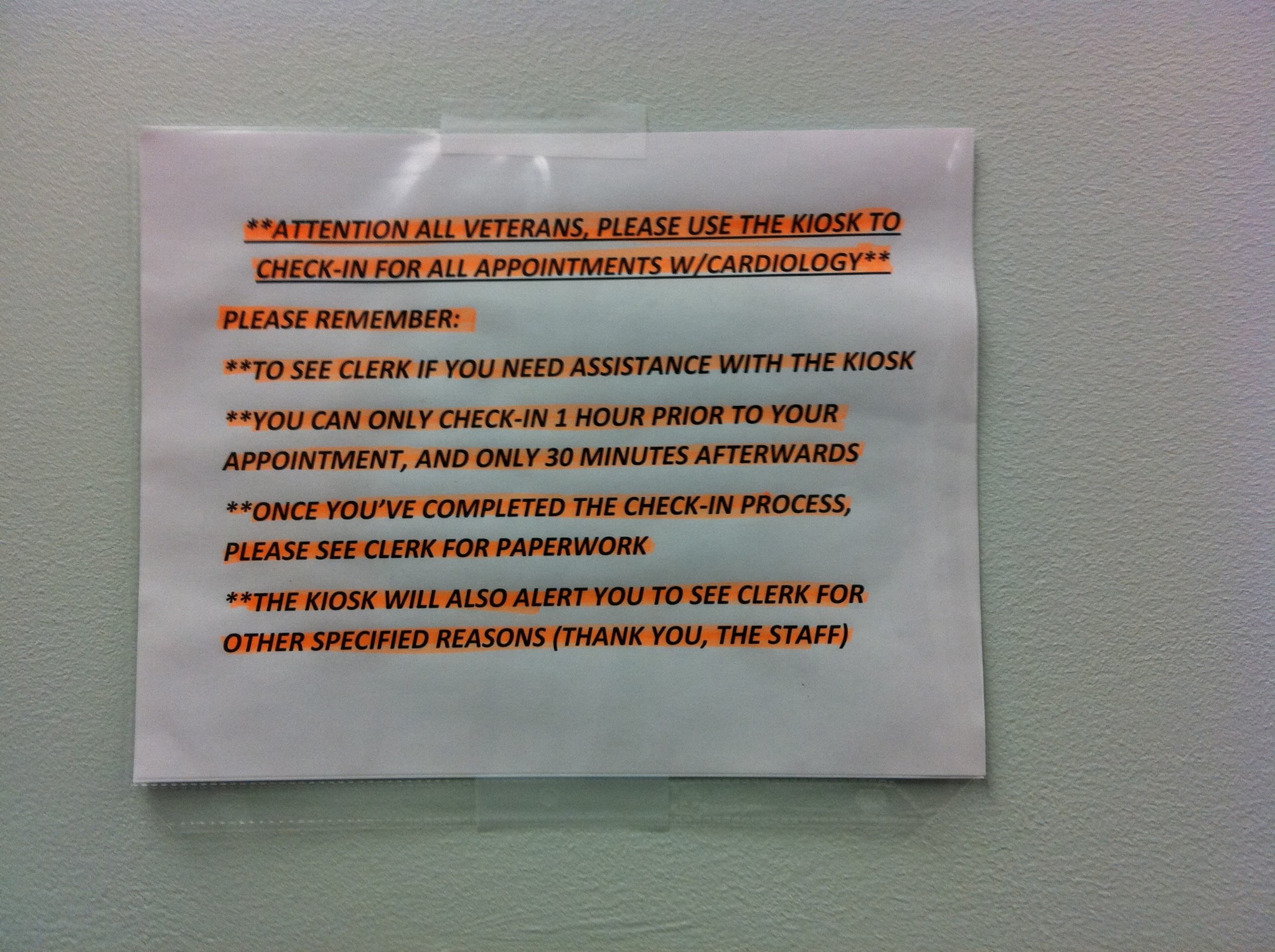 A dense staff-created notice explaining when and how veterans should use the kiosk