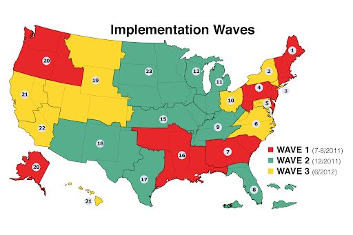 Map of the United States showing three implementation waves for VA medical centers
