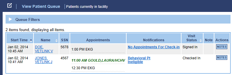 Training example of the staff patient queue showing appointments, notifications, status, notes, and actions